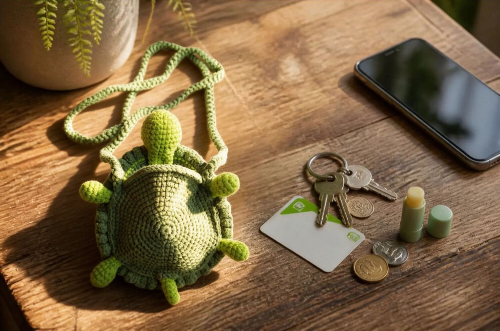 Turtle companion with keys, a card, a coin and lip balm