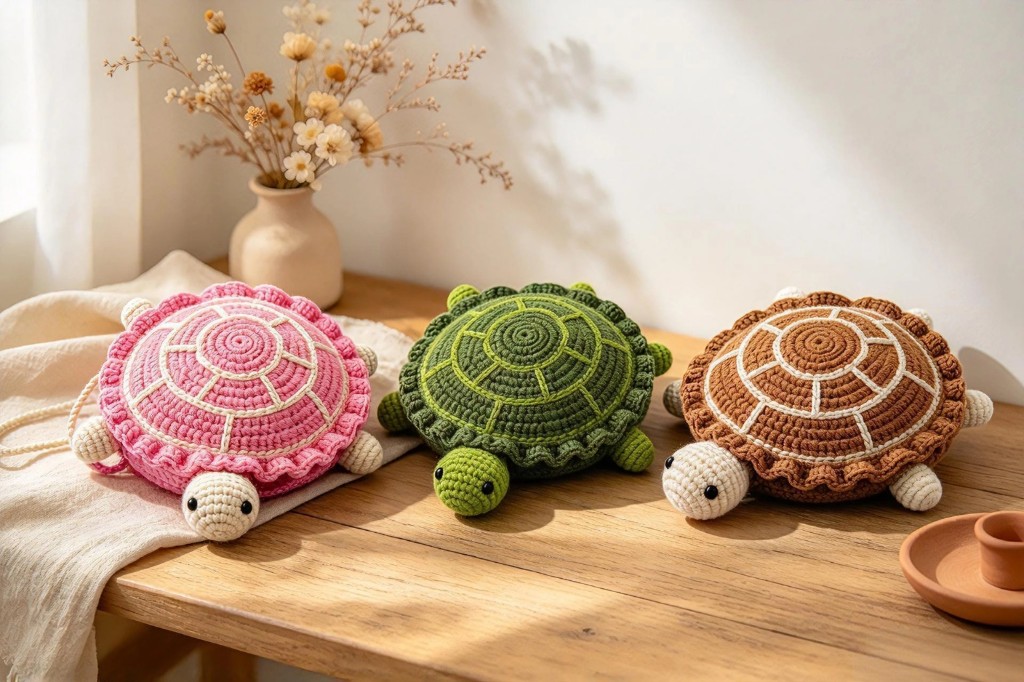 Three hand-crocheted turtle companions