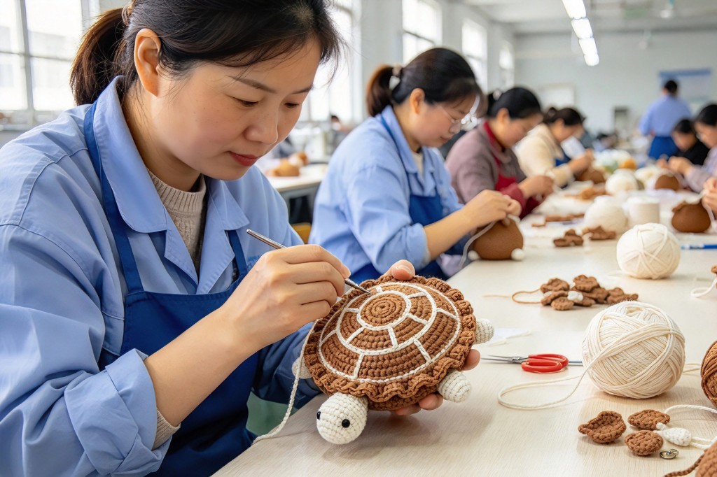 Hand-crocheting a turtle companion in the workshop