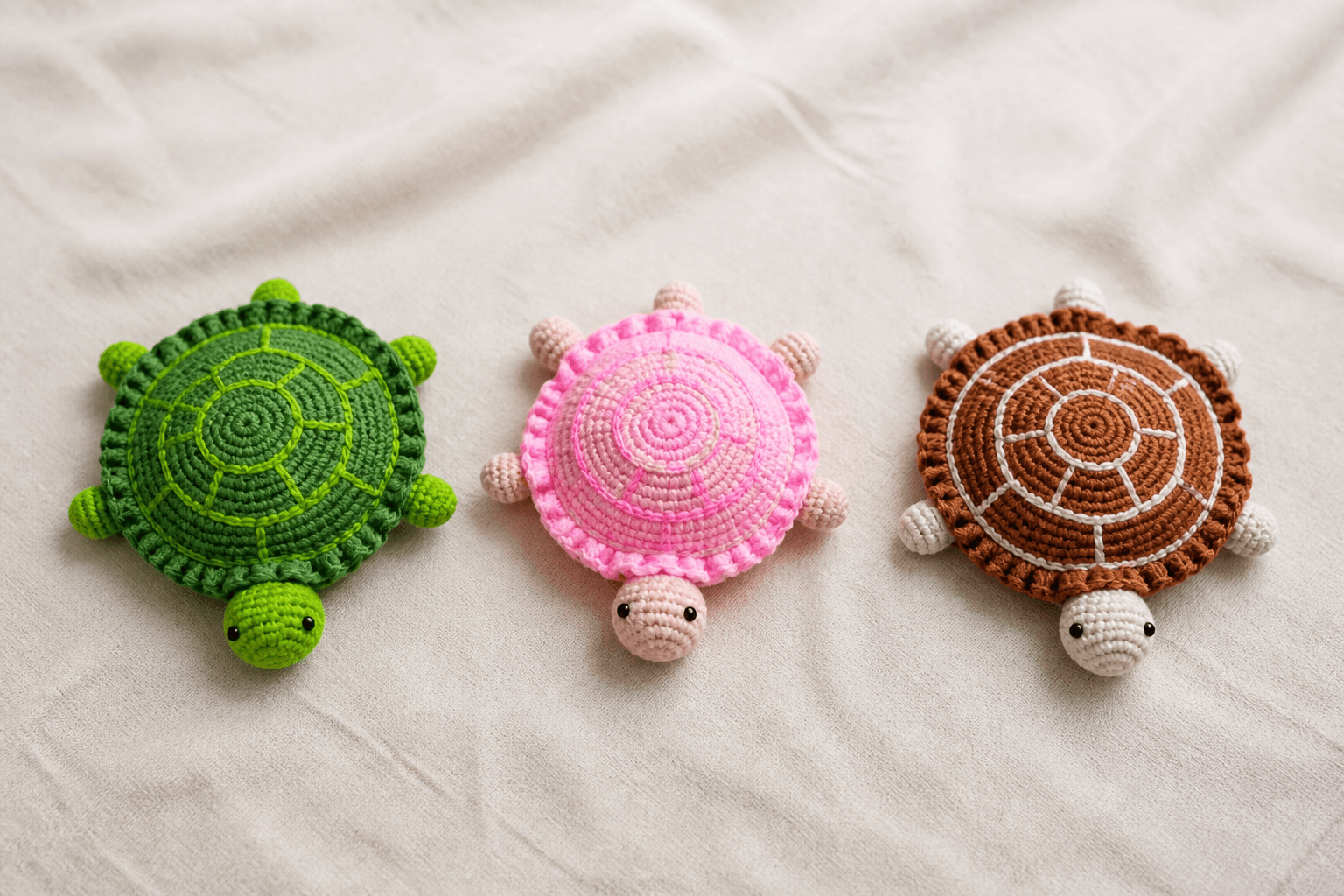 Three crochet turtle companions